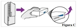 Diagram showing a refrigerator, a hand removing a box, and a close-up detail of a blue slit on the packaging