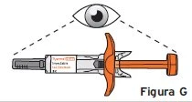 Drawing of a horizontal syringe with transparent barrel, shaped orange grip, and tip with plunger, beneath the