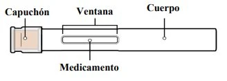 Diagramma tecnico di una siringa con etichette che indicano il cappuccio, la finestra, il corpo e il farmaco all'interno del cilindro