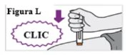 Disegno tecnico che mostra una mano che impugna un dispositivo medico appoggiato sulla pelle con una freccia viola e la scritta CLIC