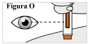 Disegno schematico di un occhio che guarda attraverso una linea tratteggiata verso un dispositivo medico posizionato sopra una superficie curva