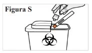 Una mano inserisce una penna iniettiva usata in un contenitore per rifiuti biologici contrassegnato dal simbolo del rischio biologico