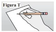 Disegno in bianco e nero di una mano che impugna una matita per scrivere su un foglio di carta inclinato con la scritta Figura T