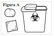 Disegno in bianco e nero di un contenitore per rifiuti con simbolo di rischio biologico accanto a un oggetto rotondo e un quadrato