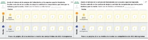 Tabella di monitoraggio giornaliero con righe per mattina e notte e colonne per i giorni della settimana con spazi per annotare i microgrammi assunti