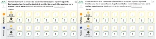 Tabella medica per il monitoraggio del trattamento con dosaggi di 200 e 800 microgrammi divisi tra mattina e notte con caselle per i giorni della settimana