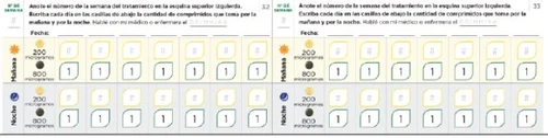 Tabella medica per il monitoraggio del trattamento con righe per mattina e notte e caselle per annotare dosaggi in microgrammi e numero di compresse