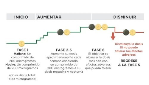 Grafico con fasi di dosaggio medico che mostra l'inizio, l'aumento settimanale e la diminuzione della dose in base alla tolleranza agli effetti avversi