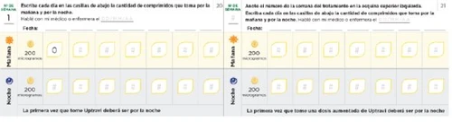 Tabella di monitoraggio giornaliero per dosaggio compresse con caselle per data, mattina e notte, con indicazione di 200 microgrammi