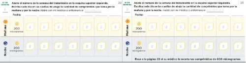 Due tabelle di monitoraggio settimanale con caselle per annotare dosaggi mattutini e serali di 200 microgrammi per ogni giorno della settimana