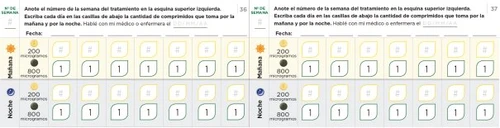 Daily monitoring table with boxes to record 200 and 800 microgram doses, divided between morning and night for each day of the week