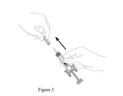 Technical drawing showing two hands placing a protective cap onto the needle of a syringe with a black directional arrow