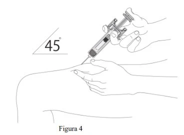 Technical drawing showing a hand holding a syringe and inserting it into the arm at a 45-degree angle to the skin
