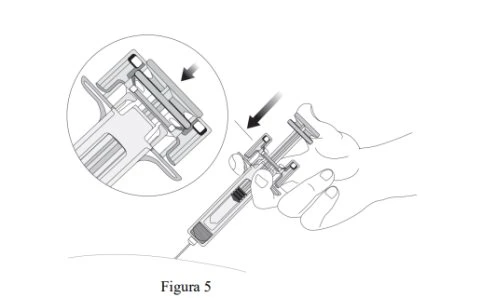 Technical drawing showing a hand gripping a syringe for injection