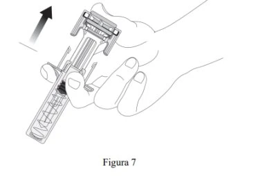 A hand holding a syringe-shaped medical device with a black arrow indicating an upward movement