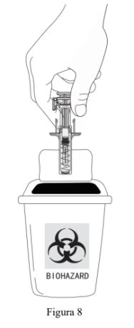 A hand holds a syringe over a biohazard waste container displaying the biohazard symbol and the word BIOHAZARD