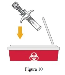 Diagramma che mostra un dispositivo medico inclinato con una freccia gialla rivolta verso un contenitore rosso per lo smaltimento di rifiuti biologici