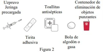 Siringa precaricata, cerotto adesivo, salviette antisettiche, batuffolo di cotone e contenitore rosso per oggetti taglienti su sfondo bianco