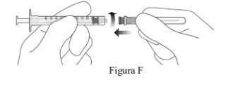 Due mani separano una siringa dal suo cappuccio tramite un movimento di rotazione indicato da frecce curve sopra e sotto il connettore