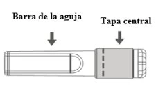 Schema tecnico di un dispositivo medico con frecce che indicano la barra dell'ago e il tappo centrale su sfondo bianco
