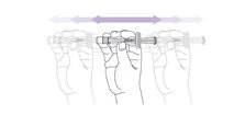 Diagramma che mostra il movimento avanti e indietro di una mano che impugna una siringa con una freccia viola bidirezionale in alto