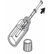 Technical drawing of a syringe with needle inserted into a glass vial with the stopper removed and a black arrow indicating movement towards it