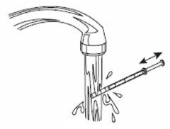 Line drawing of a syringe with needle being moved back and forth under a water stream
