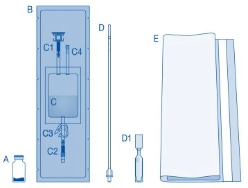 Medical diagram with labeled components: A vial, B a container with syringe C, C1 tip, C2 barrel, C3 plunger, C4 needle, D a long needle, D1 vial, and E a bag
