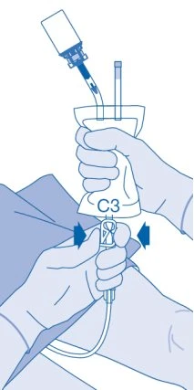 Hands holding an infusion bag labeled C3 and a control device with blue arrows indicating flow direction