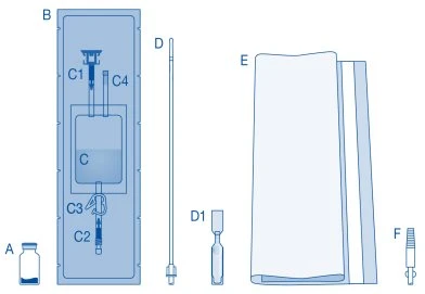 Medical diagram with vial A, package B containing syringe C, needle D, vial D1, drape E, and device F on a white background