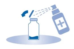 Blue illustration of a vial with liquid being sprayed from a pressurized dispenser container toward a cap