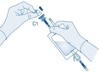 Two hands wearing blue gloves preparing medication by inserting cap C1 onto a syringe connected to a medical infusion bag