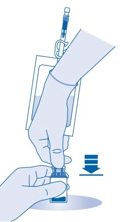 Blue illustration of a hand pressing a medical device onto a medication vial with an arrow indicating downward movement