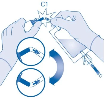 Two hands opening a medical device with a twisting motion indicated by curved arrows and circles showing rotation detail