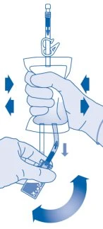 Medical illustration showing hands holding an injection pen with blue arrows indicating pressure and rotation movements