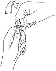 Line drawing of two hands holding and manipulating a small medical device or a bottle with a cap on top
