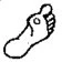 Stylized black and white drawing of a human foot viewed from the sole, with a circle indicating a specific area on the heel