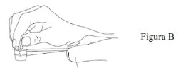 Black and white drawing of a hand holding and manipulating a small cylindrical container with slender fingers, next to the label Figure B