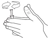 Line drawing of two hands gripping a medical device with a curved arrow indicating rotational movement in both directions
