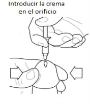 Technical drawing showing a hand applying a cream tube to