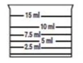 Technical drawing of a graduated container with horizontal markings indicating volumes of 2.5 ml, 5 ml, 7.5 ml, 10 ml, and 15 ml
