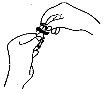 Line drawing showing two hands grasping and separating a small container or cap of a medical vial