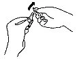 Two hands holding and separating a small medical device with a black arrow pointing towards the