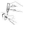 Line drawing of a hand holding an injection pen applying medication to the upper thigh of a patient