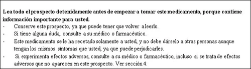Spanish text on a white background advising to read the patient information leaflet carefully and providing instructions to consult a doctor or pharmacist