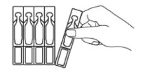 A hand removing a vial from a blister pack containing four glass vials arranged vertically in a rectangular holder