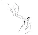 Line drawing of two hands holding and twisting a glass vial to open it, following the direction indicated by a curved arrow
