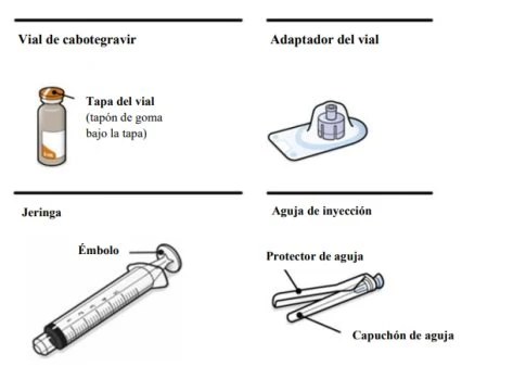 Diagramma medico con flaconcino di cabotegravir, adattatore, siringa con stantuffo, ago e relativo cappuccio protettivo separati su sfondo bianco