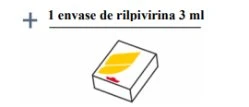 Simbolo più un segno matematico sopra la scritta 1 envase de rilpivirina 3 ml e un disegno prospettico di una scatola bianca con un dettaglio giallo