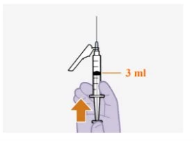 Una mano tiene una siringa con ago rivolto verso l'alto, indicando il livello di 3 ml di liquido con una linea arancione e una freccia verso l'alto